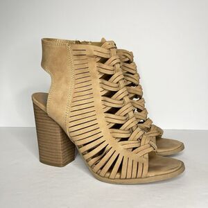 DV By Dolce Vita Alyson Women’s Sz 6 Taupe Suede Chunky Heels Braided Peep Toe